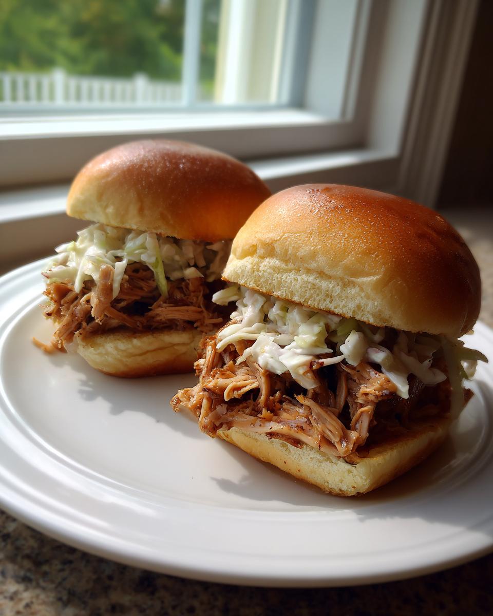 Two delicious smoked pulled pork sliders topped with creamy coleslaw served on a white plate.