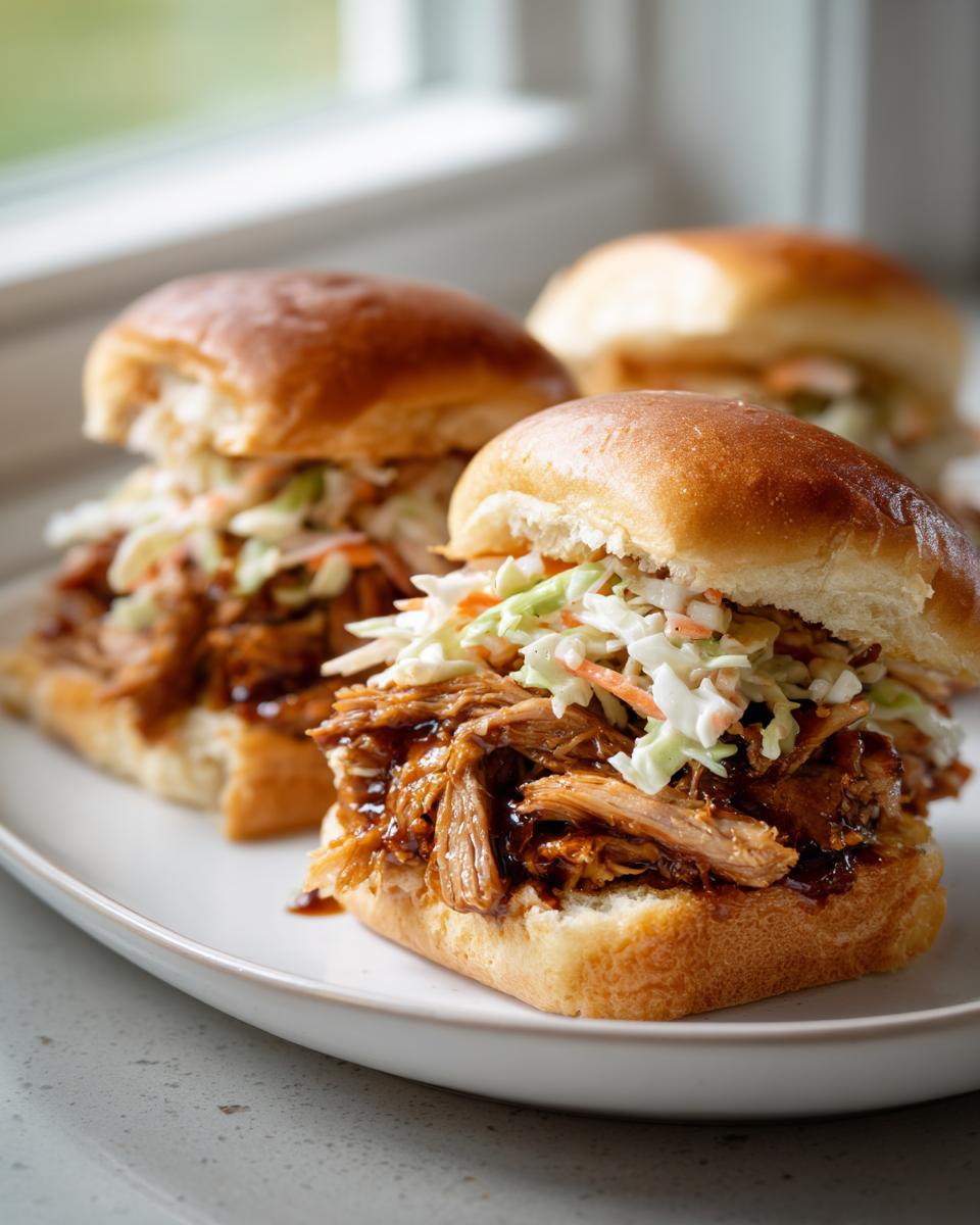 Three delicious smoked pulled pork sliders piled high with BBQ sauce and topped with creamy coleslaw on soft buns.