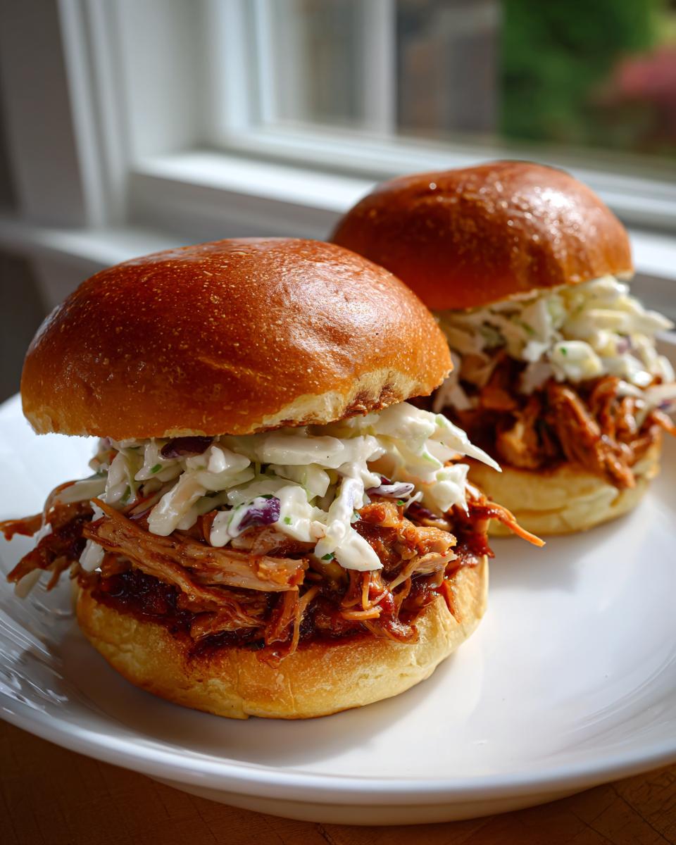 Close-up of two delicious smoked pulled pork sliders topped with creamy coleslaw on brioche buns.