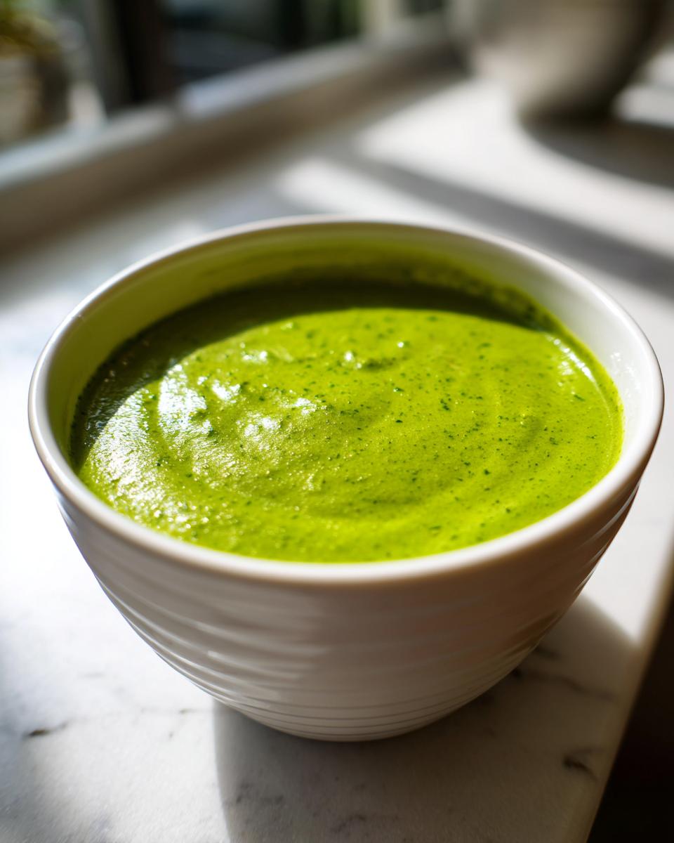 Close-up of a white bowl filled with bright green, creamy Spring pea soup.