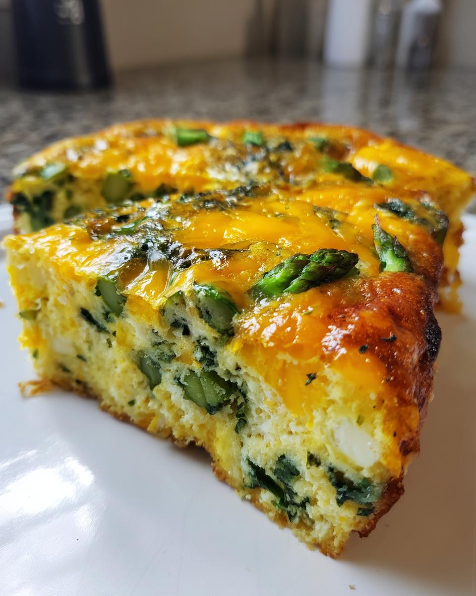 Close-up of a thick slice of Spring veggie egg bake featuring bright green asparagus and melted cheddar cheese.