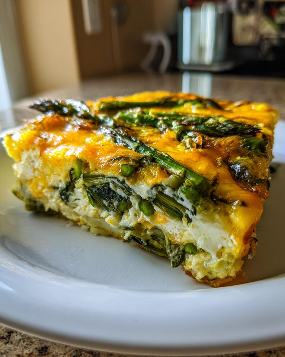 A close-up slice of a rich Spring veggie egg bake featuring layers of eggs, cheese, and bright green asparagus.