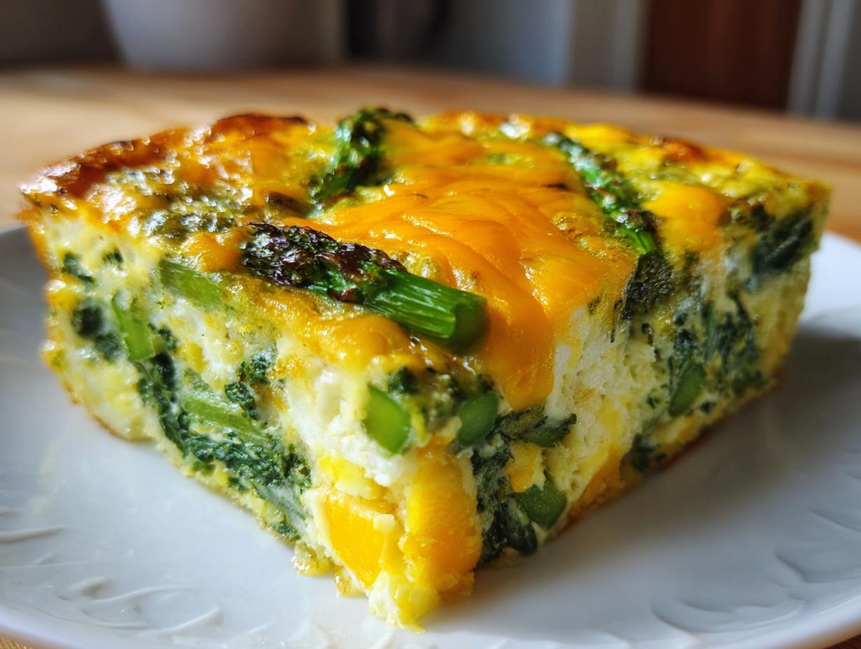 A thick, golden slice of Spring veggie egg bake featuring visible green asparagus and melted cheddar cheese on top.