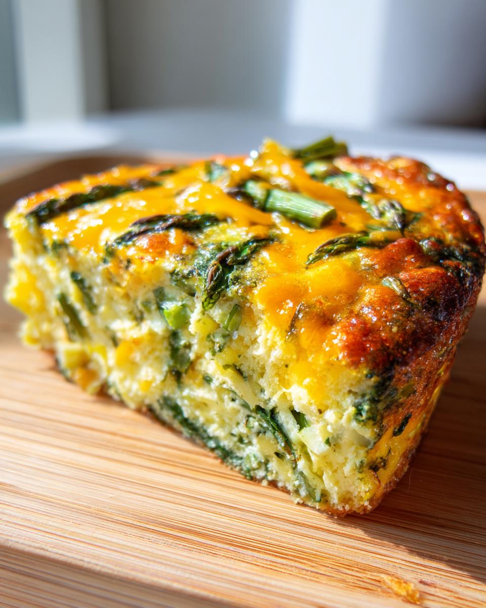 A close-up slice of a golden Spring veggie egg bake featuring visible green asparagus pieces and melted cheese topping.