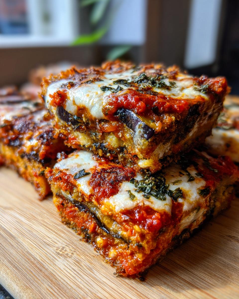 Close-up of stacked, square portions of amazing Eggplant parmesan with melted mozzarella and tomato sauce.