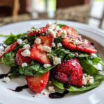 A close-up of a vibrant Strawberry balsamic salad featuring sliced strawberries, spinach, crumbled feta cheese, and a dark balsamic glaze.