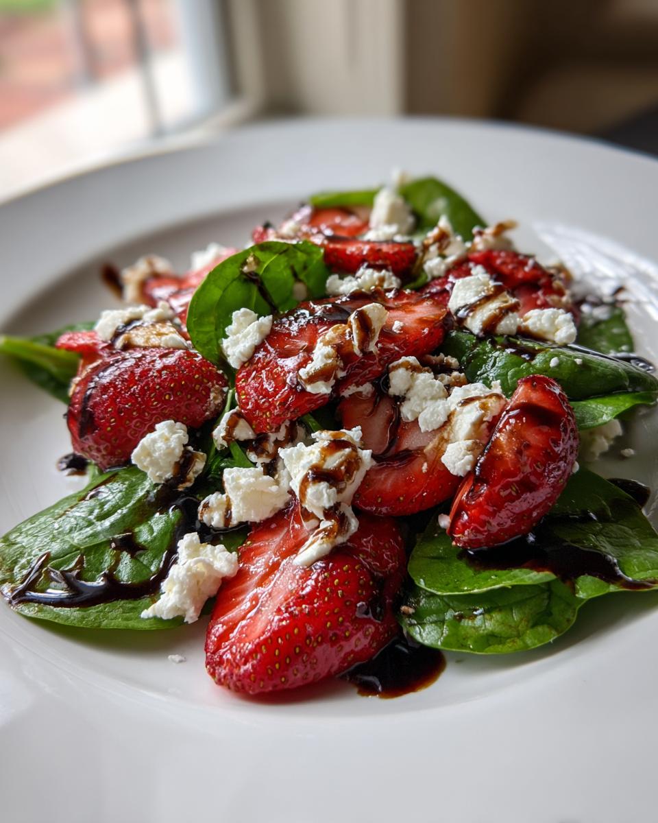A close-up of a fresh Strawberry balsamic salad featuring spinach, sliced strawberries, crumbled feta cheese, and a dark balsamic glaze.