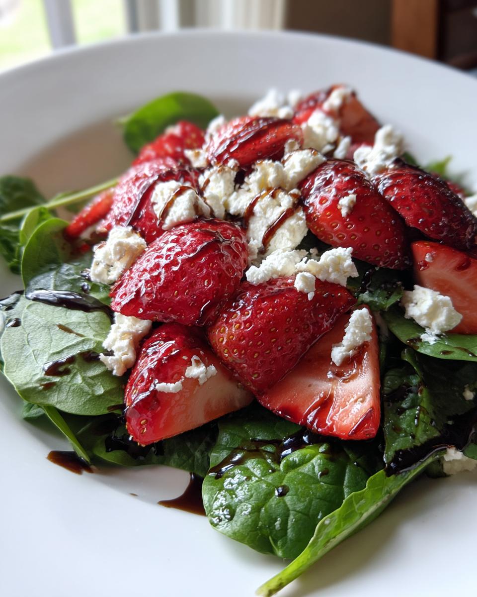 Close-up of a fresh Strawberry balsamic salad featuring spinach, sliced strawberries, crumbled cheese, and a balsamic glaze drizzle.