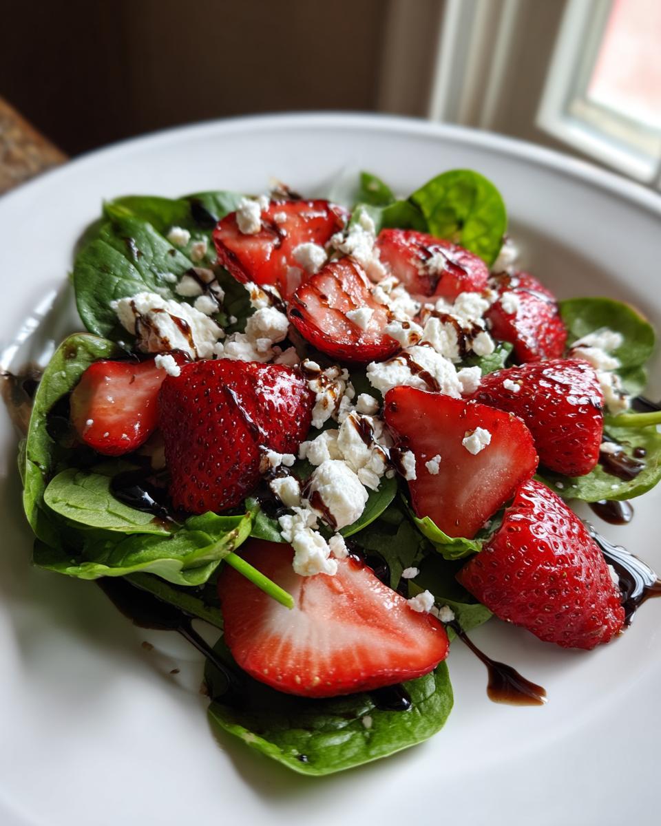A vibrant close-up of a Strawberry Balsamic Salad featuring fresh spinach, sliced strawberries, crumbled feta cheese, and a balsamic glaze drizzle.