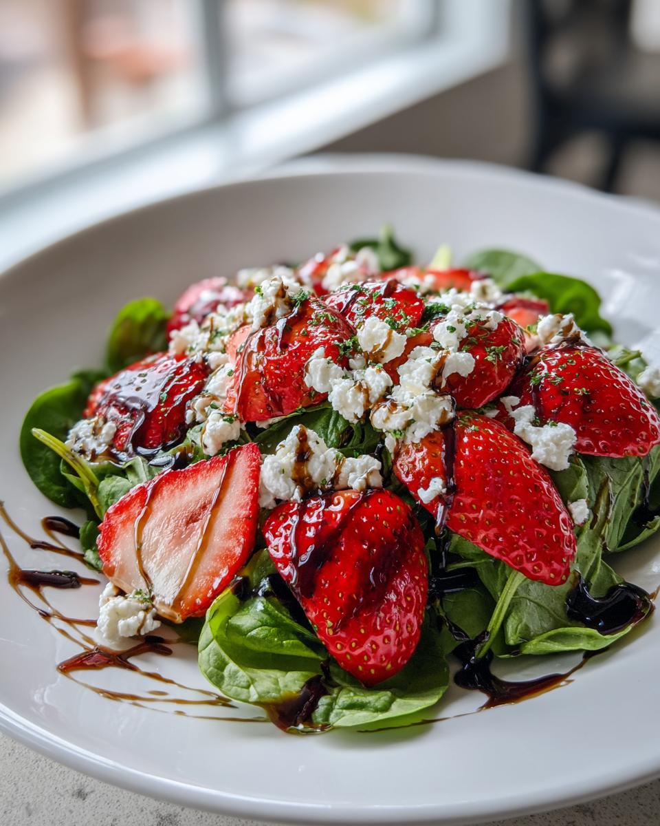 A vibrant Strawberry balsamic salad featuring fresh spinach, sliced strawberries, crumbled white cheese, and a dark balsamic glaze drizzle.