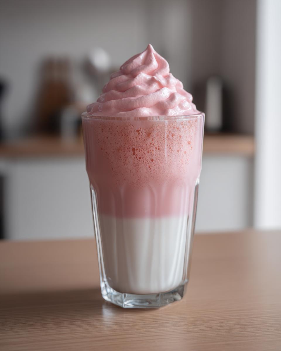 A layered Strawberry cold foam latte featuring pink foam topping over white milk in a clear glass.