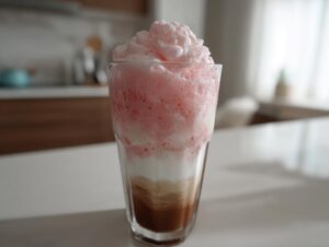 A layered Strawberry cold foam latte in a tall glass showing coffee, milk, and pink foam topping.