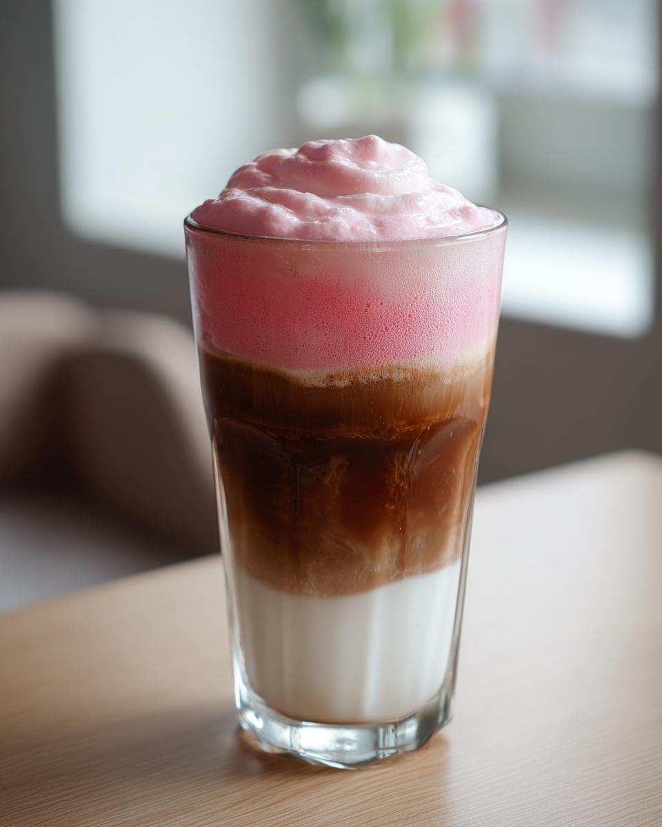 A tall glass showcasing a layered Strawberry cold foam latte with milk, espresso, and thick pink foam on top.