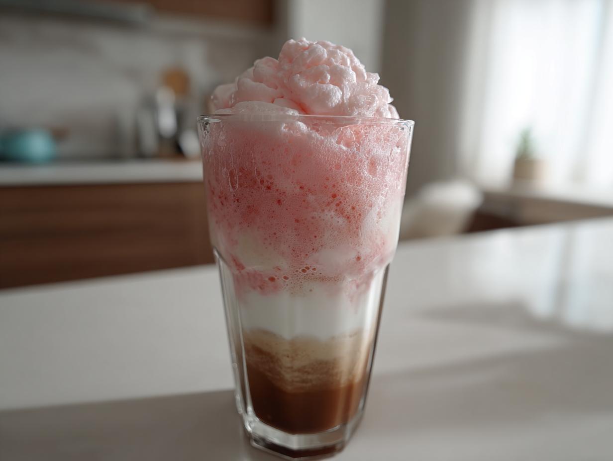 A layered Strawberry cold foam latte in a tall glass showing coffee, milk, and pink foam topping.