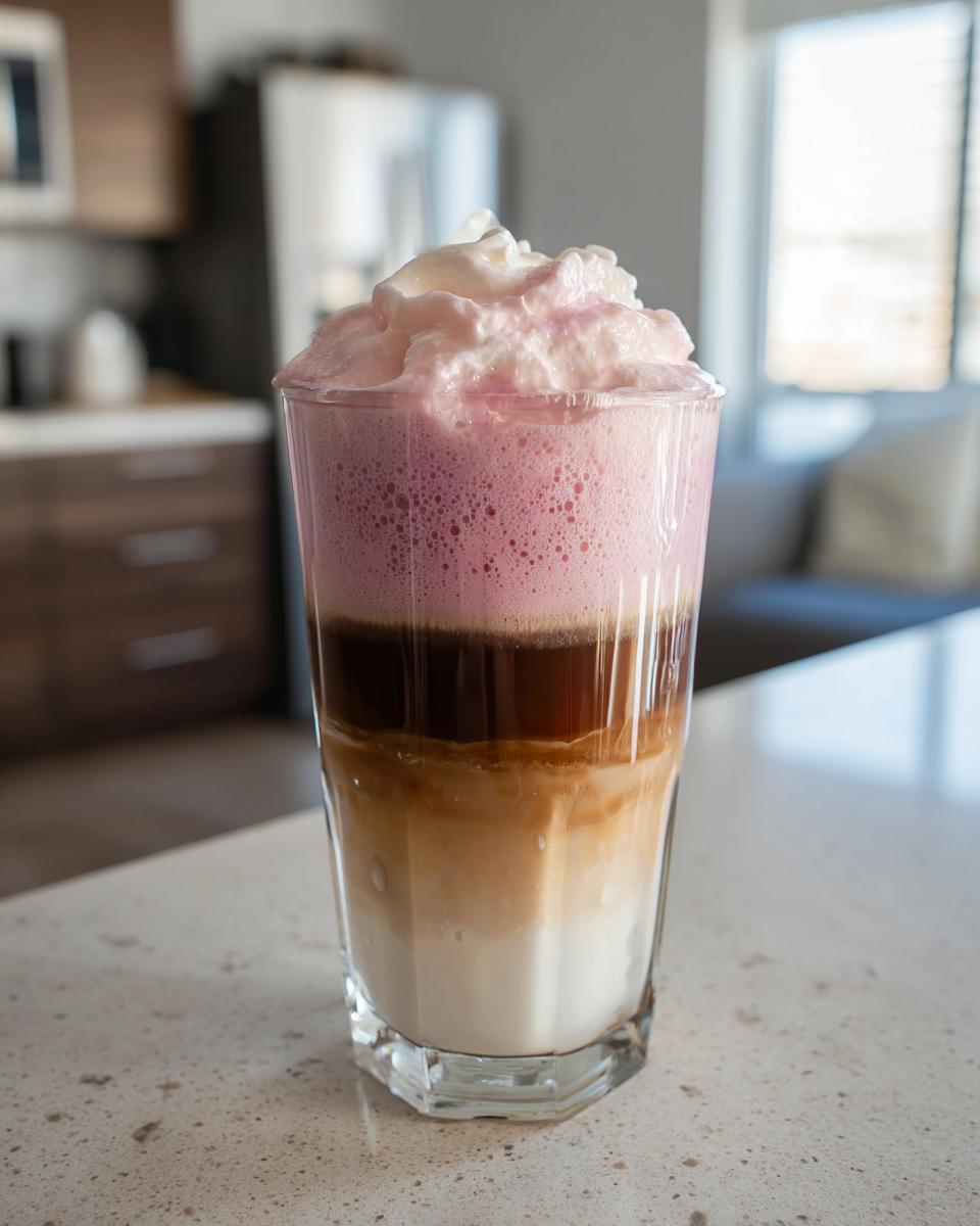 A layered Strawberry cold foam latte in a tall glass showing milk, coffee, and pink strawberry foam topping.