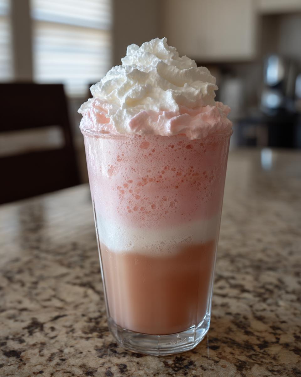 A tall glass showcasing a layered Strawberry cold foam latte topped with whipped cream, sitting on a granite countertop.