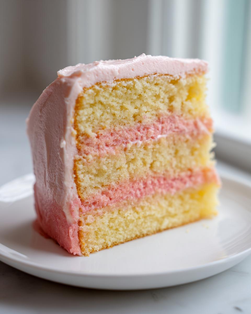 A close-up slice of moist Strawberry Lemonade Cake showing three layers of yellow cake and two layers of pink filling, covered in pink frosting.