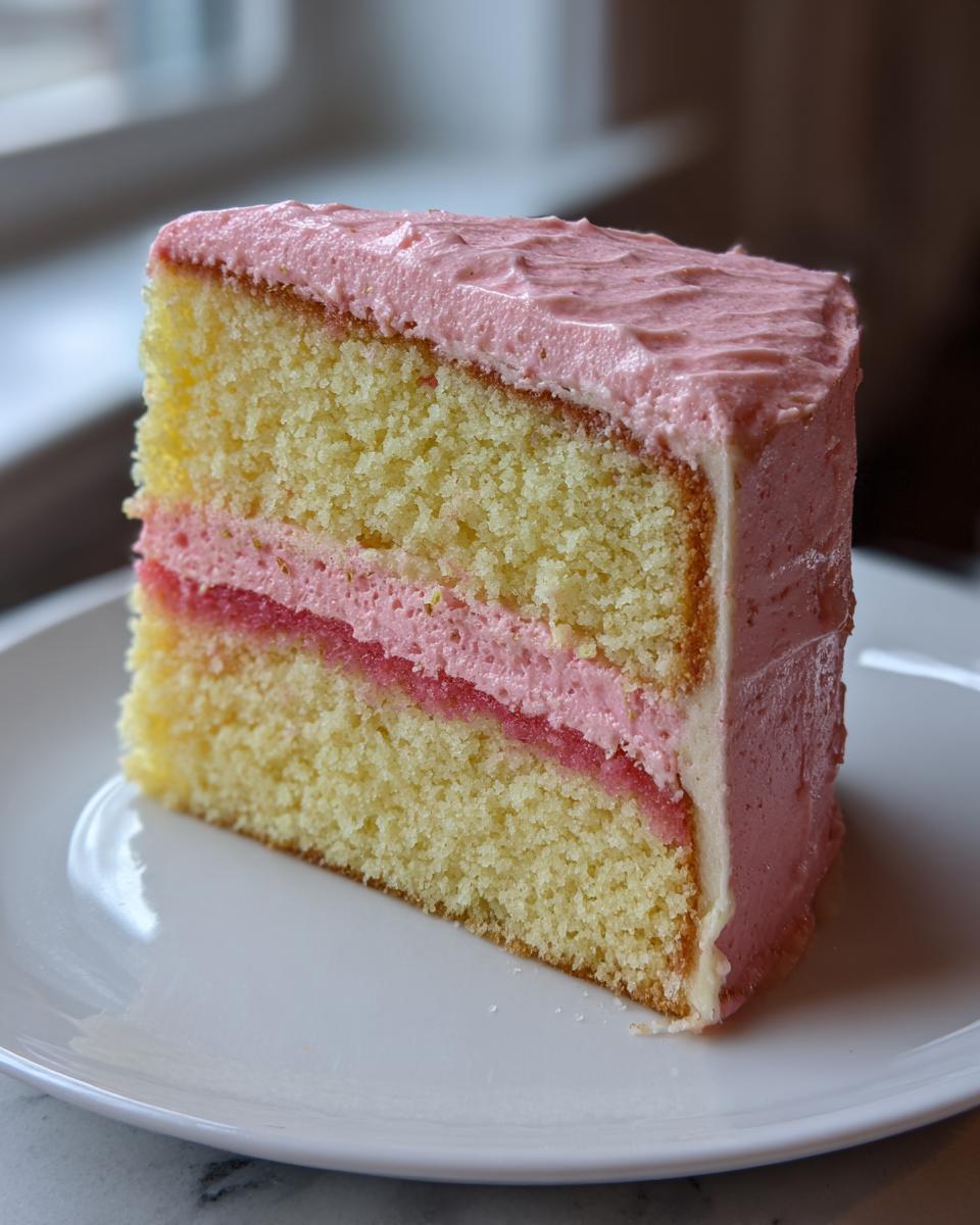 A tall slice of Strawberry Lemonade Cake showing two layers of yellow cake, pink filling, and pink strawberry frosting.