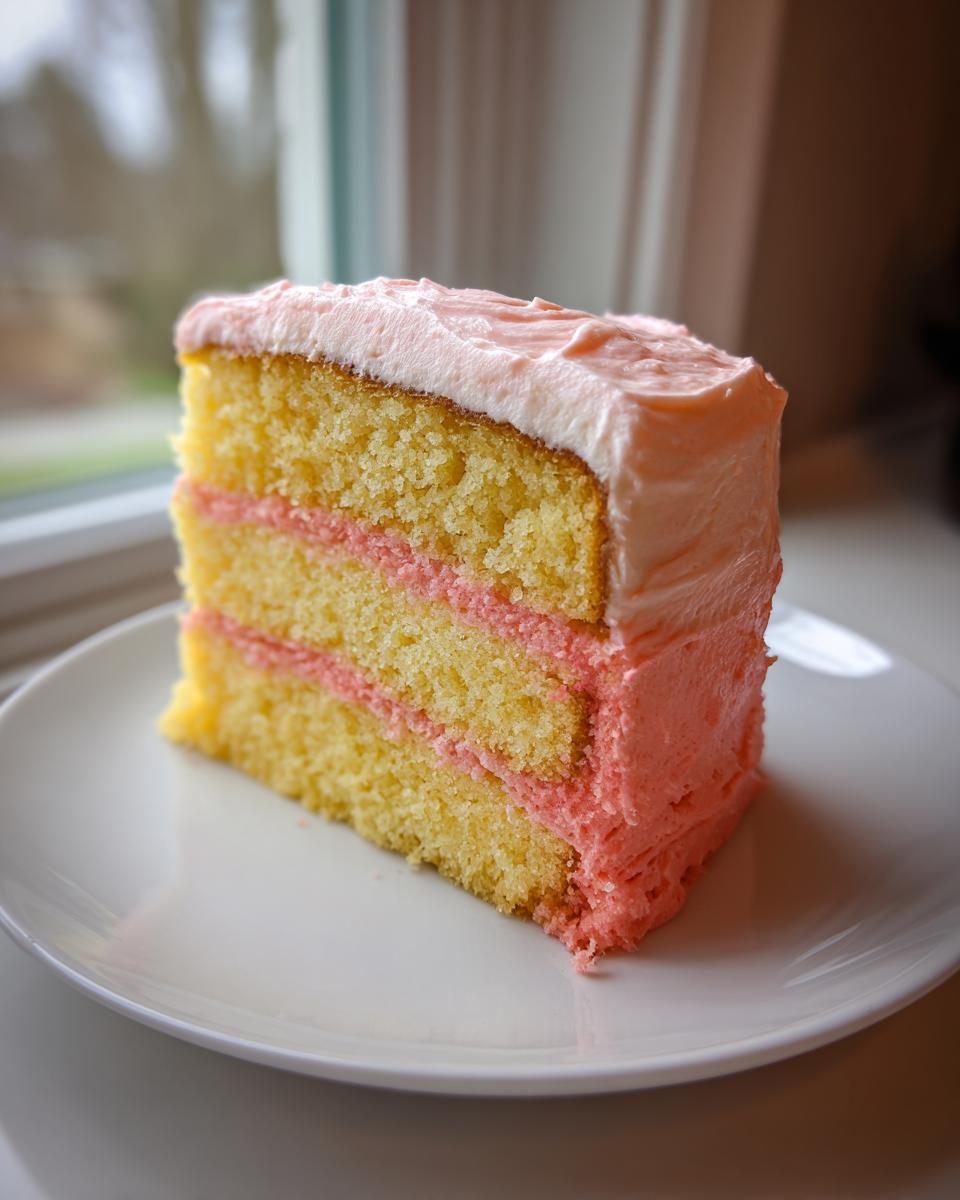A tall slice of three-layer Strawberry Lemonade Cake with yellow cake layers and pink frosting.