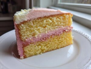 Close-up of a moist slice of yellow Strawberry Lemonade Cake showing two layers of cake separated by pink filling and topped with pink frosting.