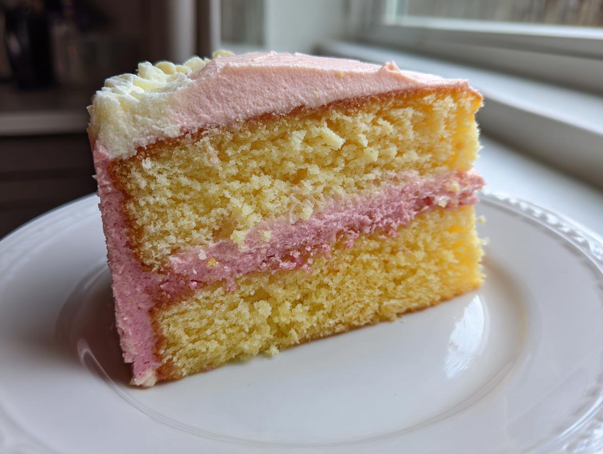 Close-up of a moist slice of yellow Strawberry Lemonade Cake showing two layers of cake separated by pink filling and topped with pink frosting.