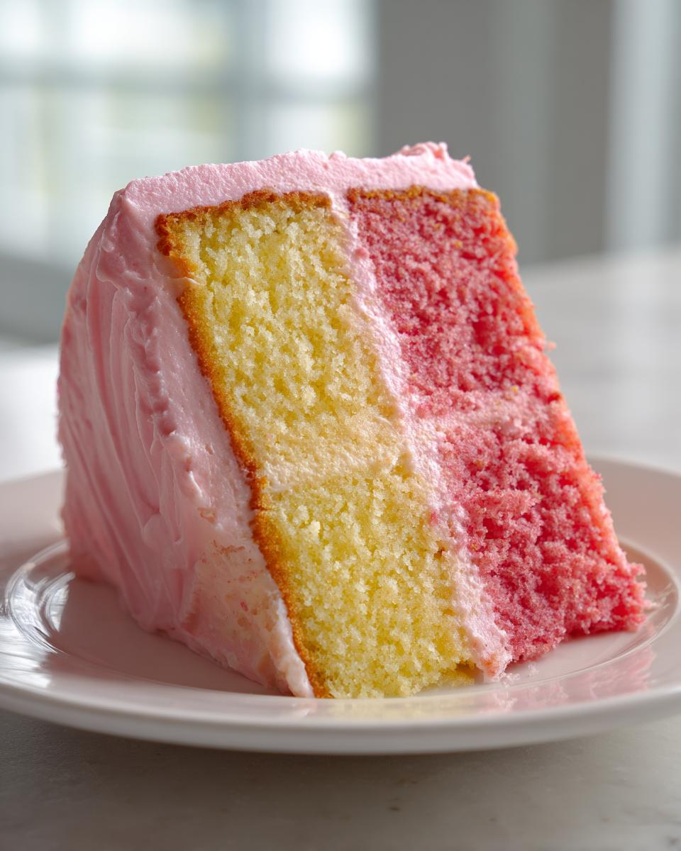 Close-up of a slice of Strawberry Lemonade Cake showing yellow and pink layers with pink frosting.