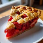 A close-up, sunlit slice of strawberry rhubarb pie featuring a golden lattice crust and vibrant red filling.