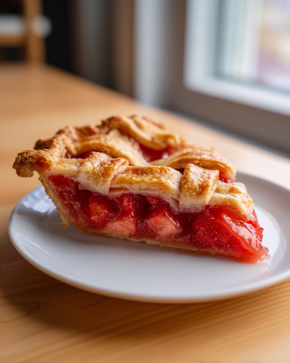 Close-up of a juicy slice of strawberry rhubarb pie featuring a golden lattice crust, served on a white plate.