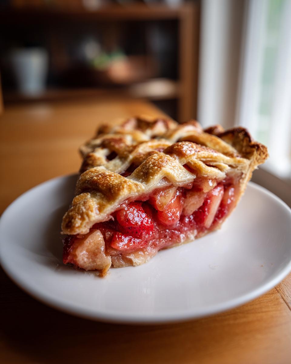 A close-up of a generous slice of Strawberry Rhubarb Pie with a golden lattice crust, served on a white plate.