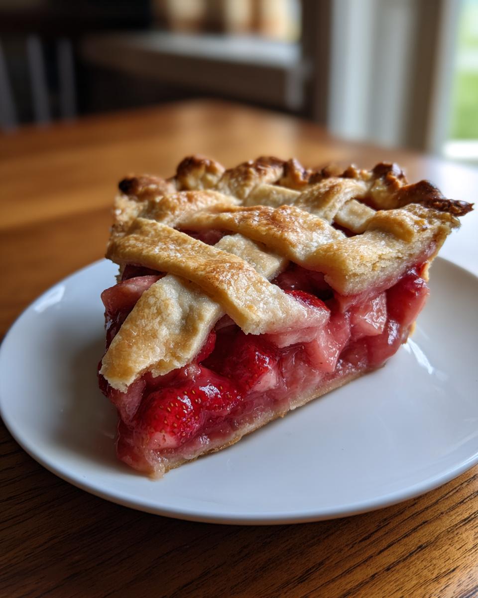 A close-up of a slice of strawberry rhubarb pie featuring a bright red filling and a golden lattice crust, served on a white plate.