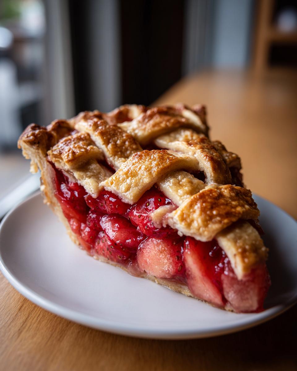 Close-up of a slice of strawberry rhubarb pie featuring a golden lattice crust and bright red, juicy filling.