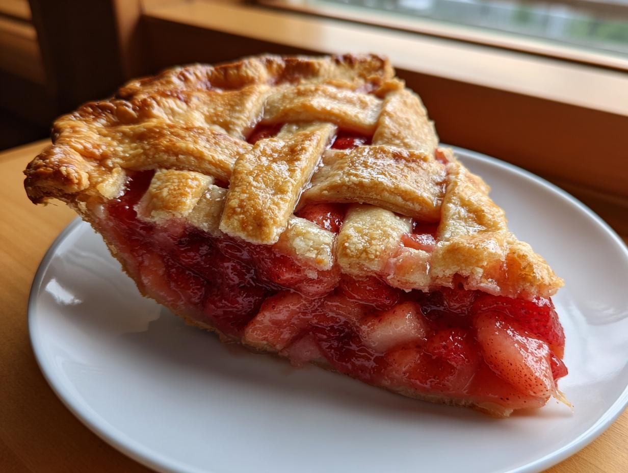 Close-up of a glistening slice of strawberry rhubarb pie featuring a flaky lattice crust and bright red filling.