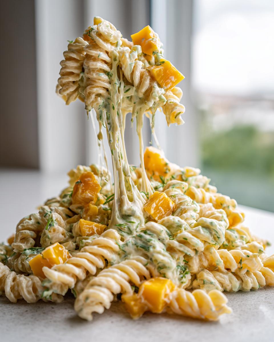 A fork lifts a portion of creamy dill pickle pasta salad, showing stretchy cheese strings connecting it to the main pile.