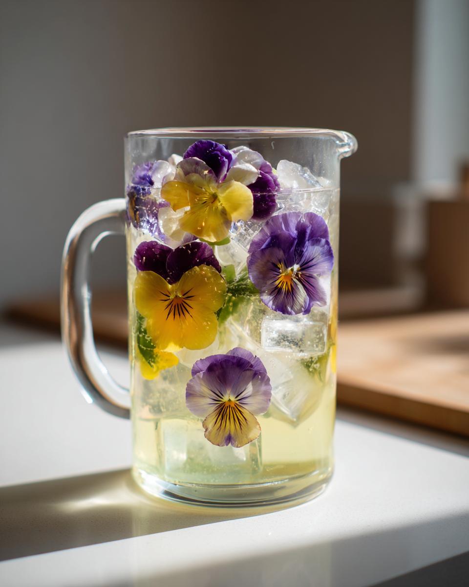 A glass pitcher filled with a light yellow beverage, ice, and vibrant purple and yellow floral ice cubes.