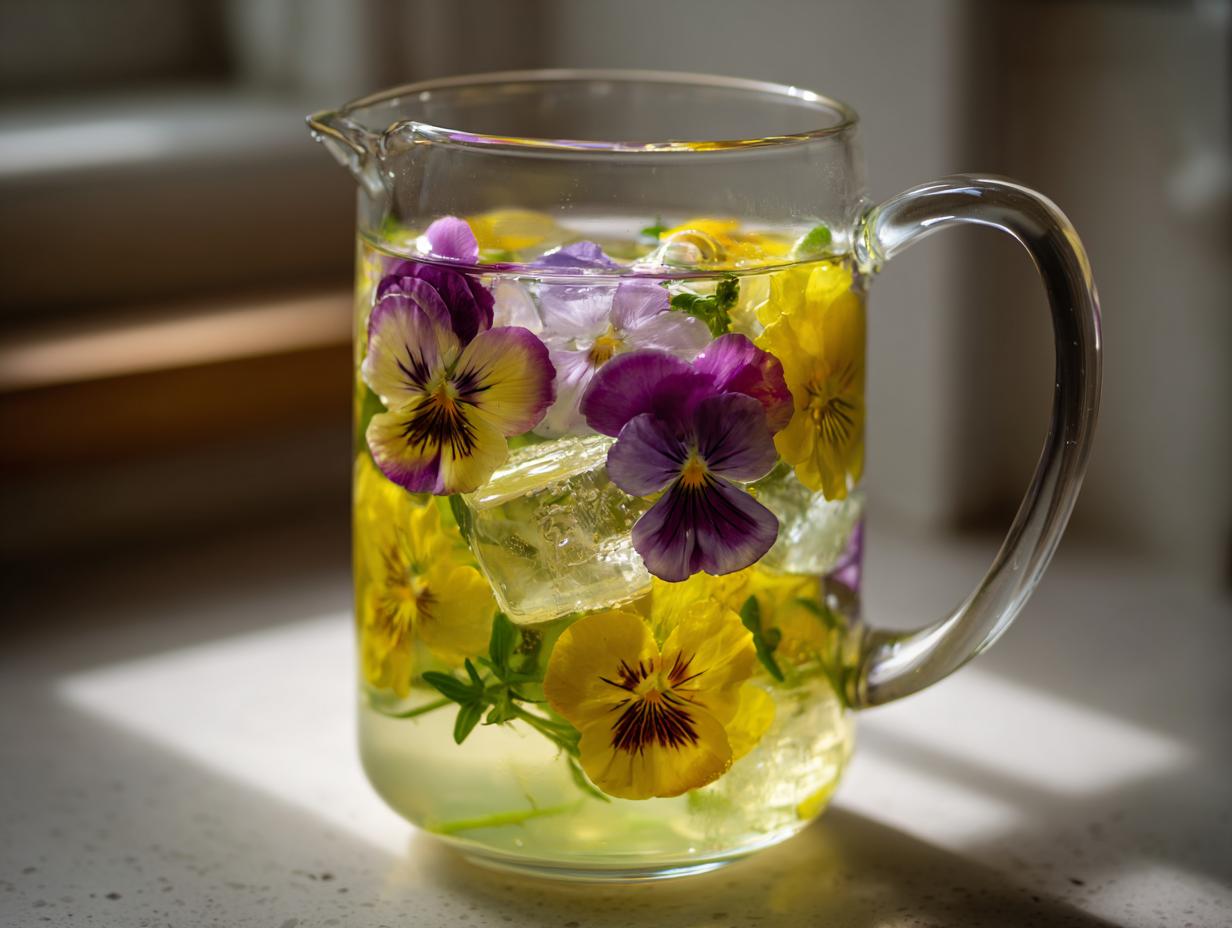 A clear glass pitcher filled with water, ice cubes, and colorful edible pansy flowers, showcasing beautiful floral ice cubes.