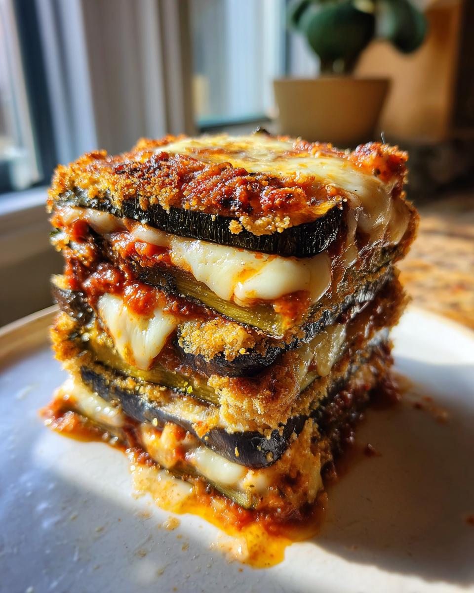 A tall, layered stack of baked Eggplant parmesan showing melted mozzarella cheese and rich tomato sauce.