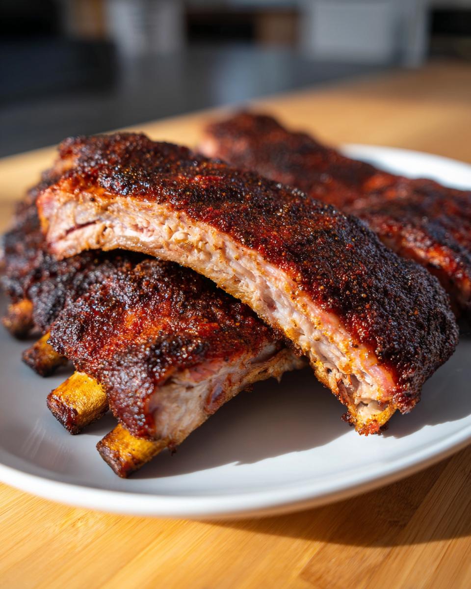 Cross-section view of tender, seasoned Oven baked ribs showing the juicy interior and dark spice rub.
