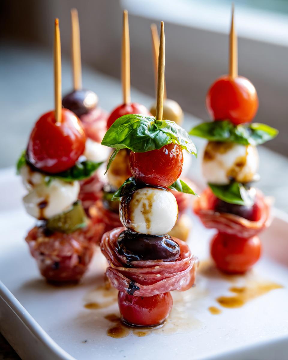 Close-up of three stacked Antipasto skewers featuring cherry tomatoes, mozzarella balls, salami, olives, and basil, drizzled with balsamic glaze.