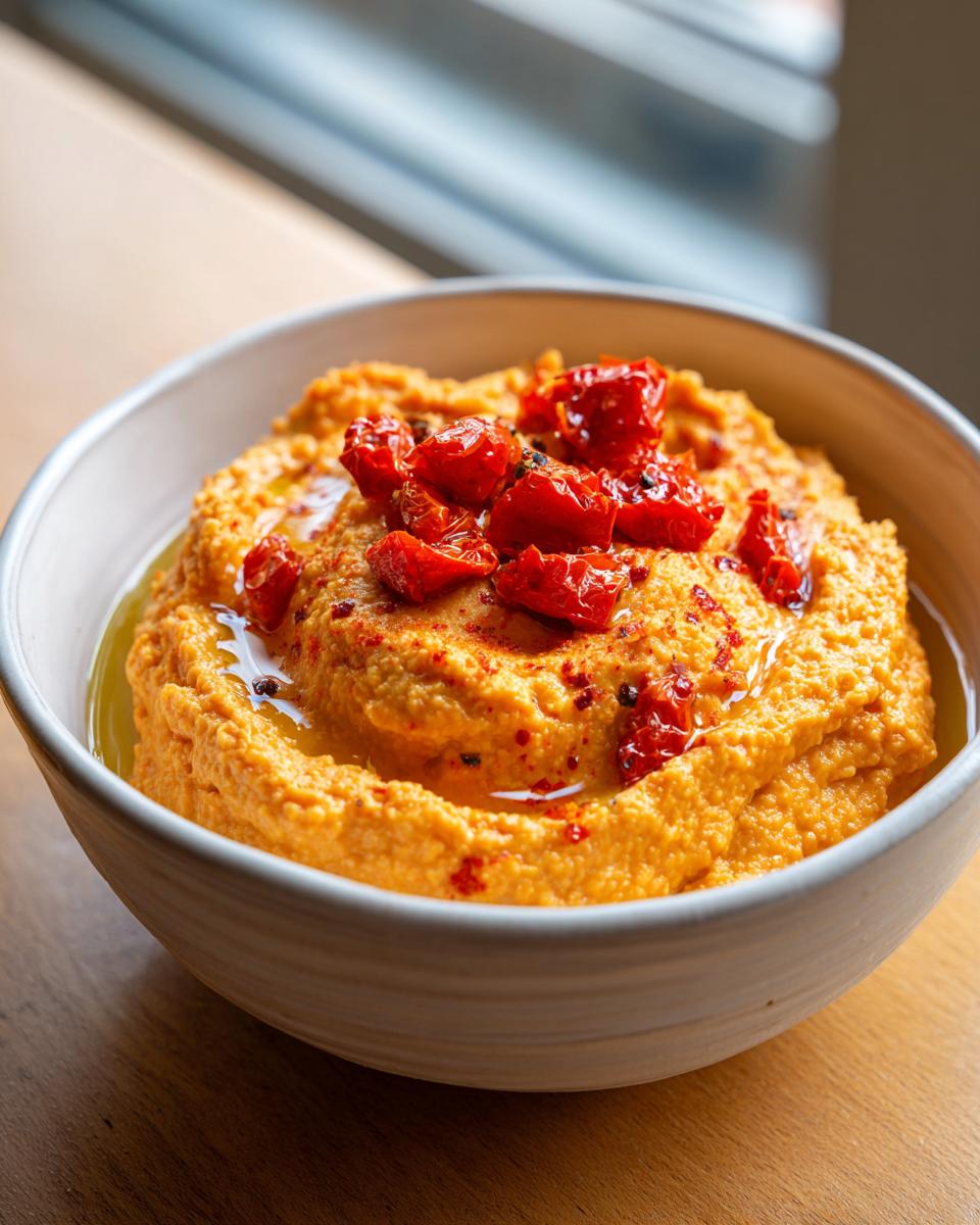 Close-up of vibrant orange roasted red pepper hummus topped with chopped roasted peppers and olive oil.