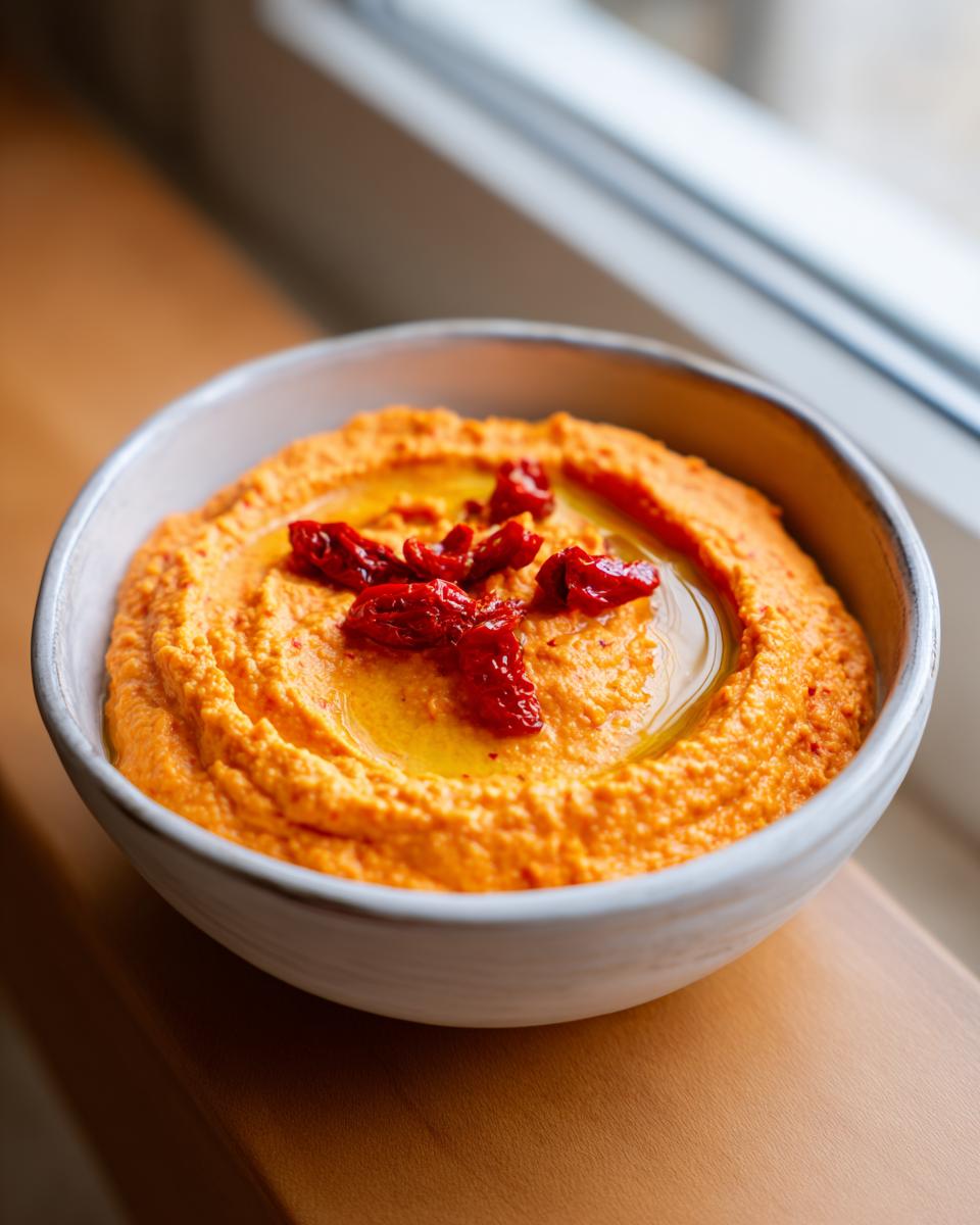 A close-up of creamy, bright orange roasted red pepper hummus topped with olive oil and sun-dried tomatoes.