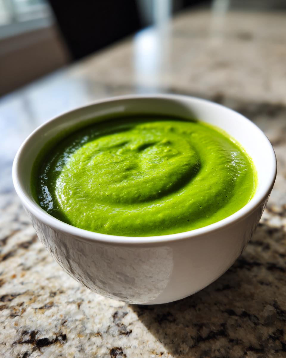 A close-up of a white bowl filled with bright green, creamy Spring pea soup, sitting on a granite countertop.
