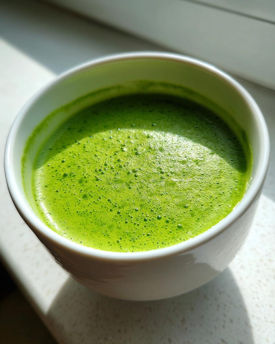 Close-up of vibrant green Spring pea soup with a foamy top served in a white bowl.