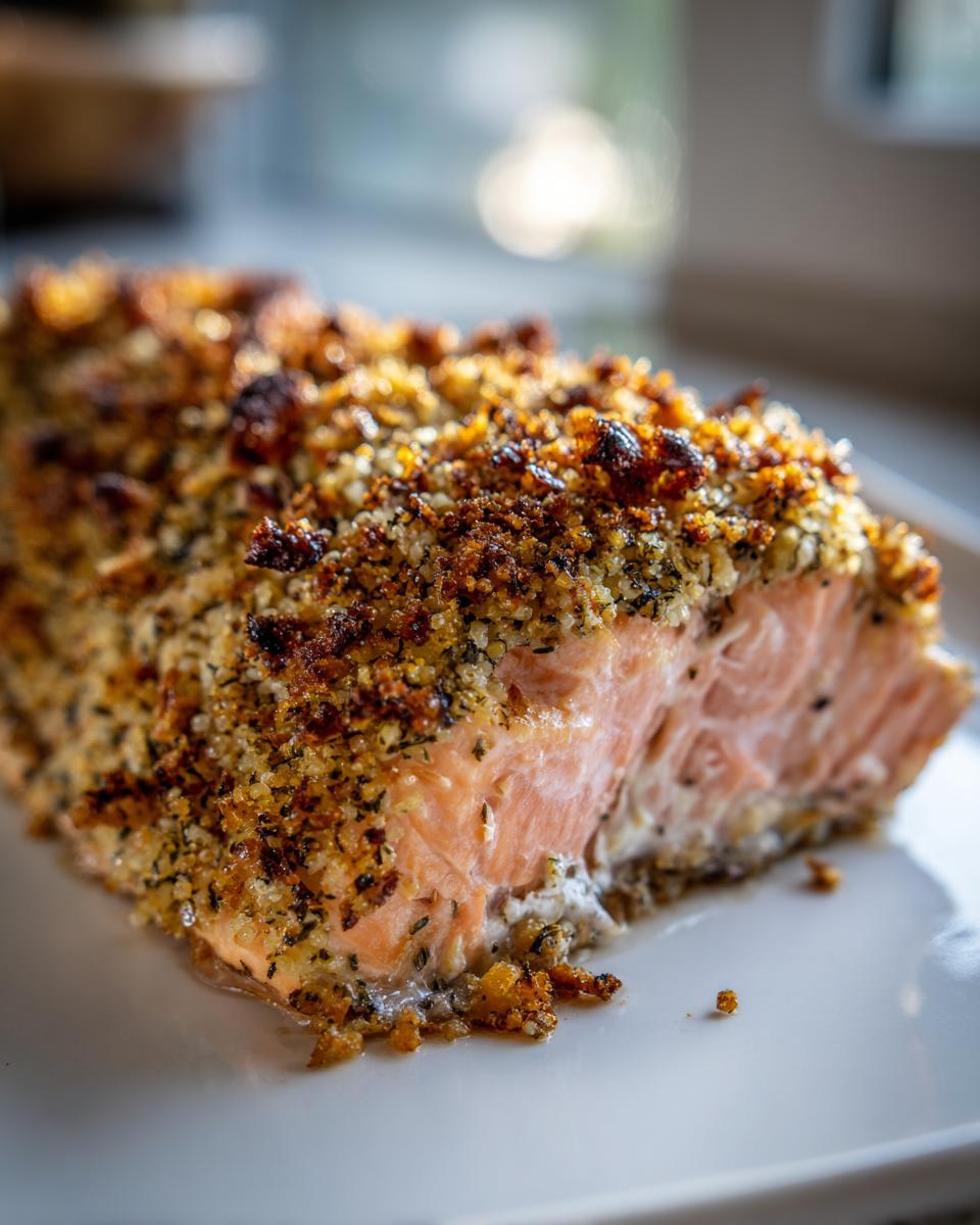 Close-up of a perfectly cooked piece of Walnut crusted salmon showing the flaky pink fish and a thick, golden-brown crust.