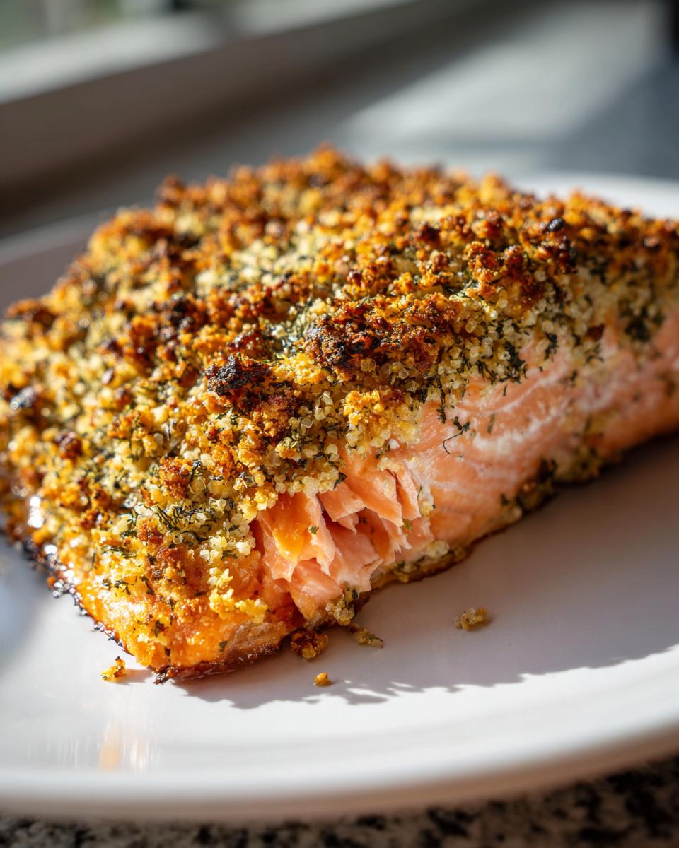 A perfectly cooked fillet of Walnut crusted salmon showing flaky pink flesh and a golden, crunchy topping.