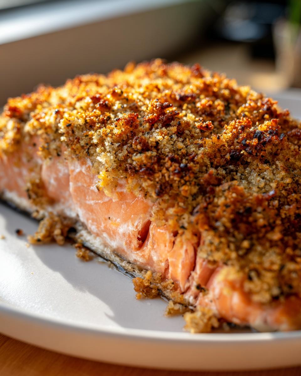 Close-up of a perfectly cooked Walnut crusted salmon fillet with a golden-brown, crunchy topping on a white plate.