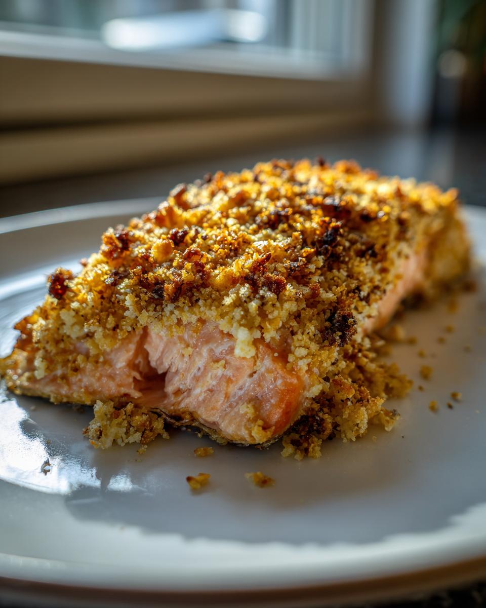 Close-up of a perfectly cooked fillet of Walnut crusted salmon showing the flaky pink interior and golden brown topping.