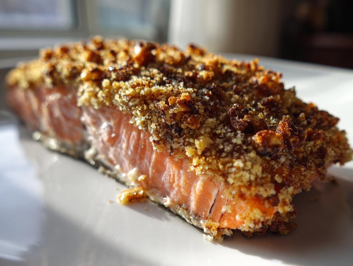 Close-up of a perfectly cooked fillet of Walnut crusted salmon showing the flaky pink fish and crunchy brown topping.