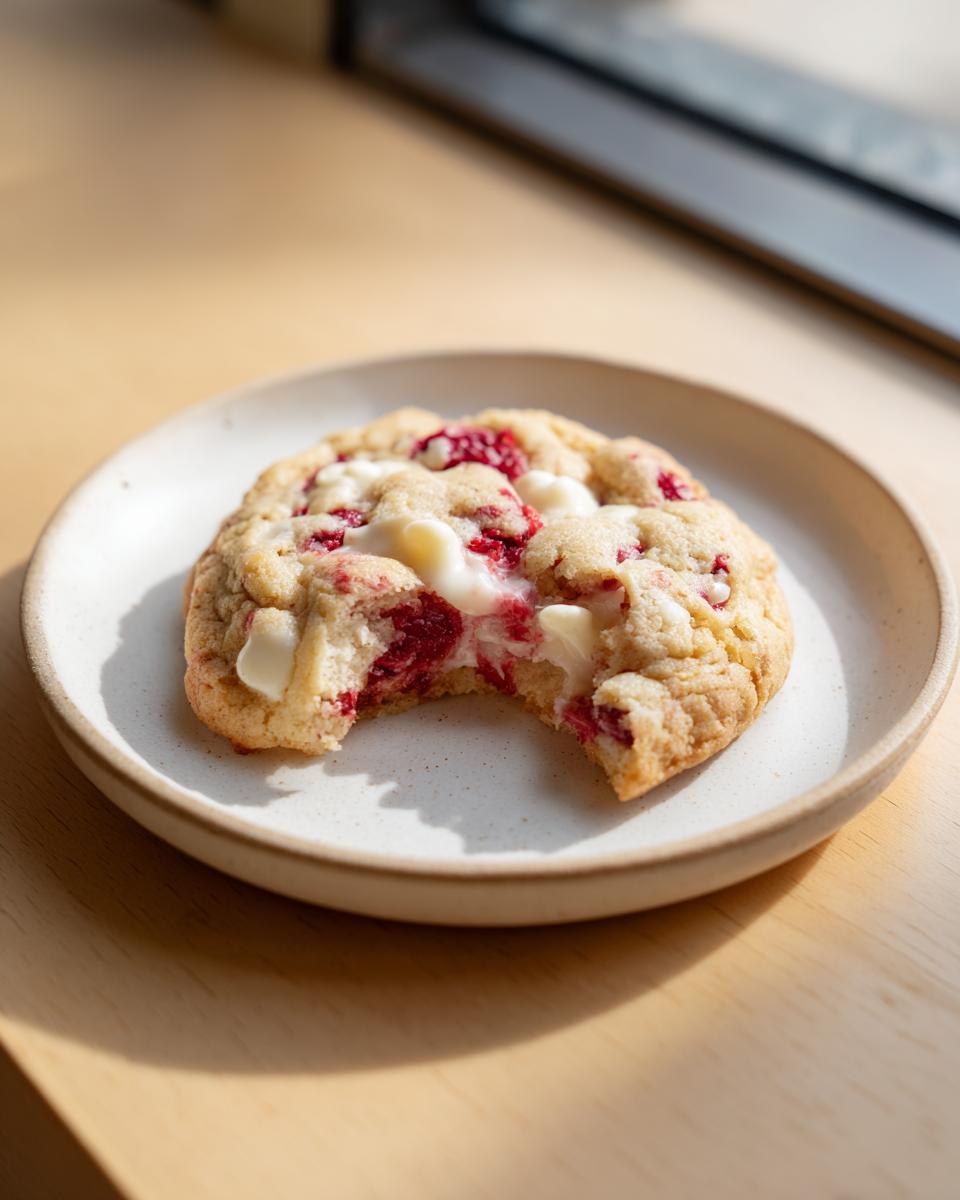 Close-up of a freshly baked white chocolate raspberry cookie with a bite taken out, showing melted white chocolate and bright red raspberry filling.