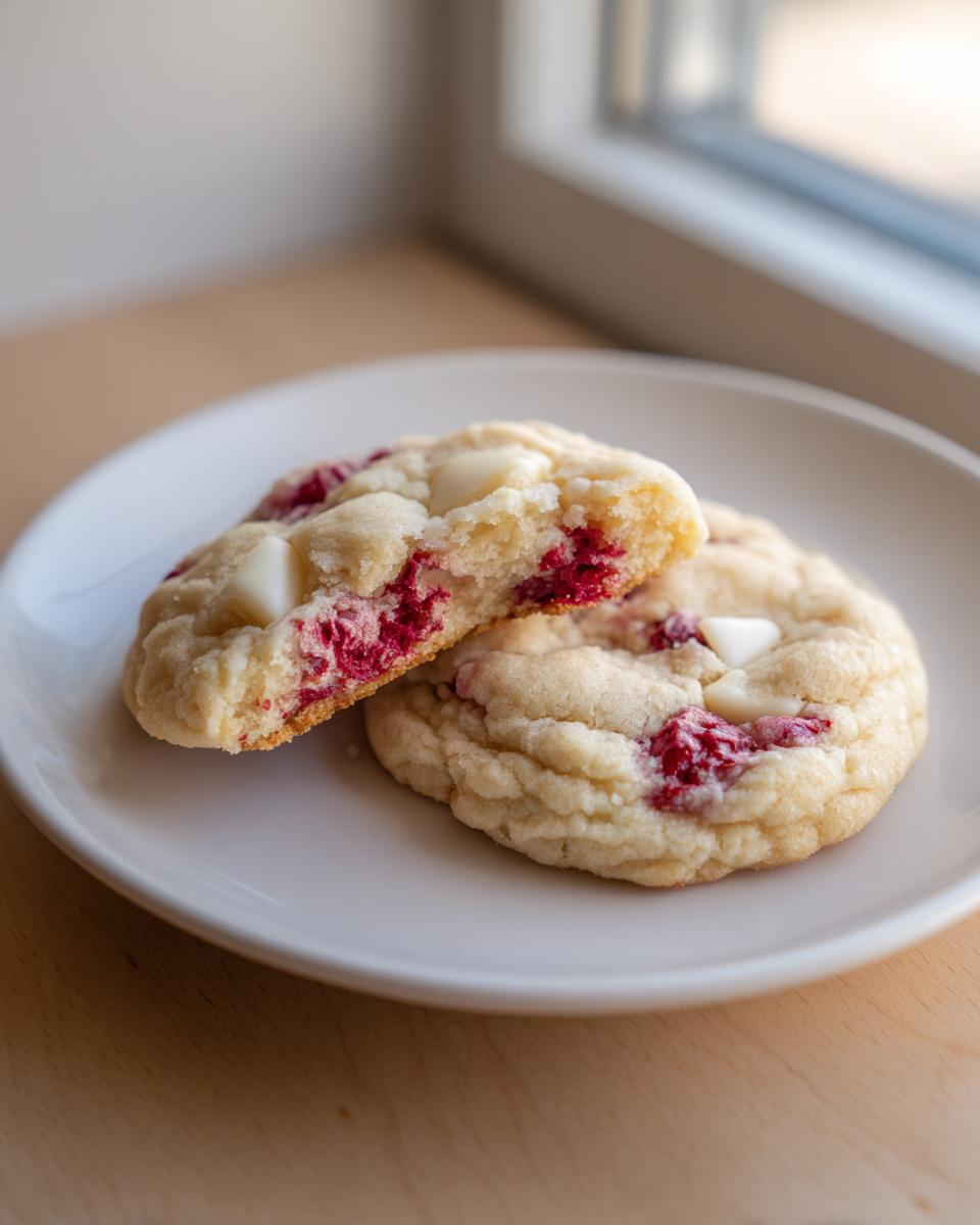 Two soft white chocolate raspberry cookies on a white plate, one broken in half showing the bright red raspberry filling.