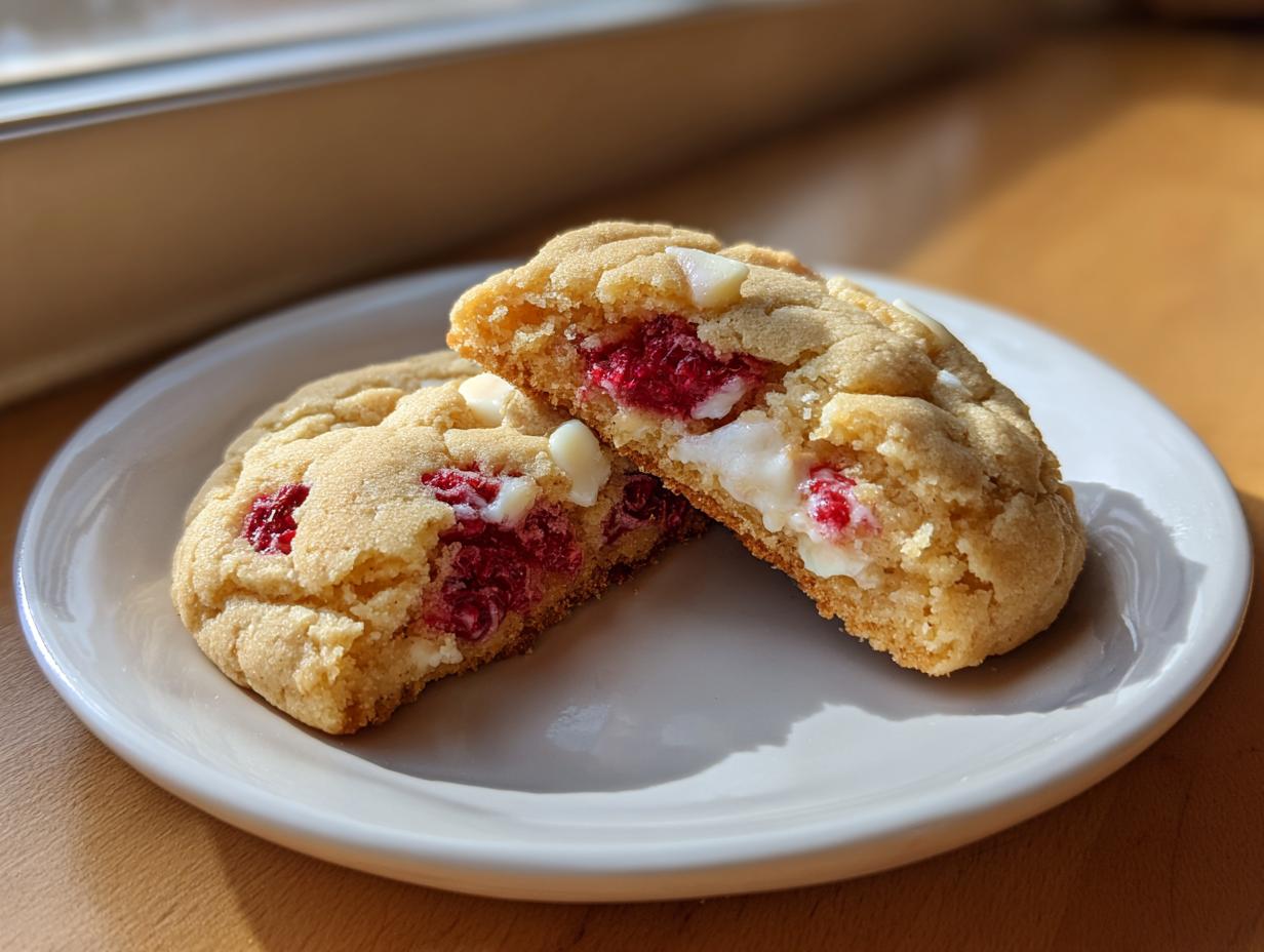 Close-up of a soft white chocolate raspberry cookies broken in half, showing melted white chocolate and bright red raspberries inside.